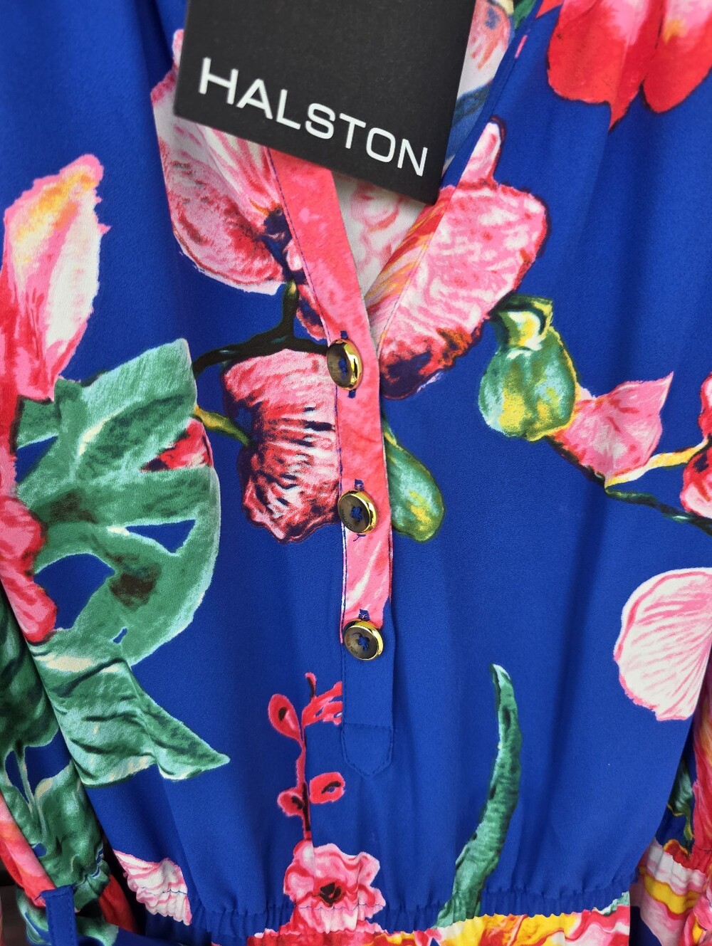 Halston Floral Maxi Dress Size 12 Blue Pink Long Sleeve Belted Vacation NWT - Picture 8 of 12